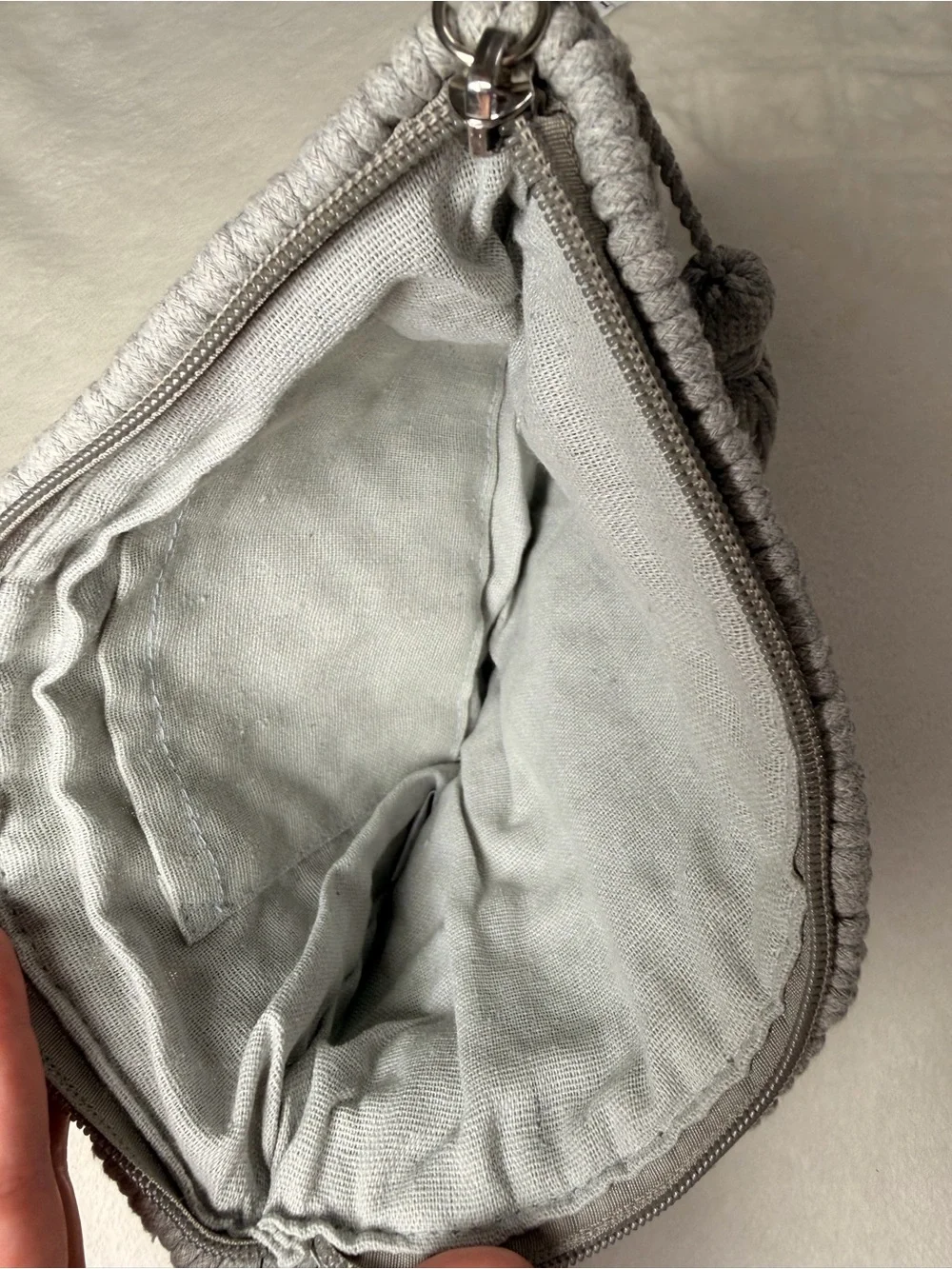Gray Macrame Crochet Clutch Purse Tassel Zip Boho